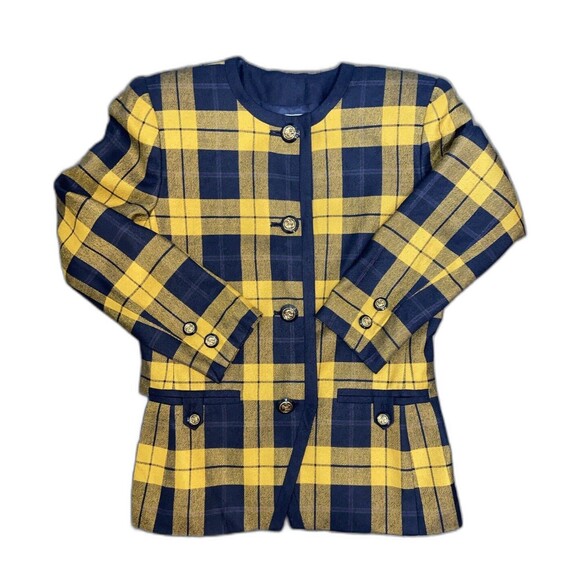 KASPER For ALS Vtg SKIRT SUIT In Mustard & Blue Plaid Size 6P w/Shoulder Pads - Picture 5 of 16